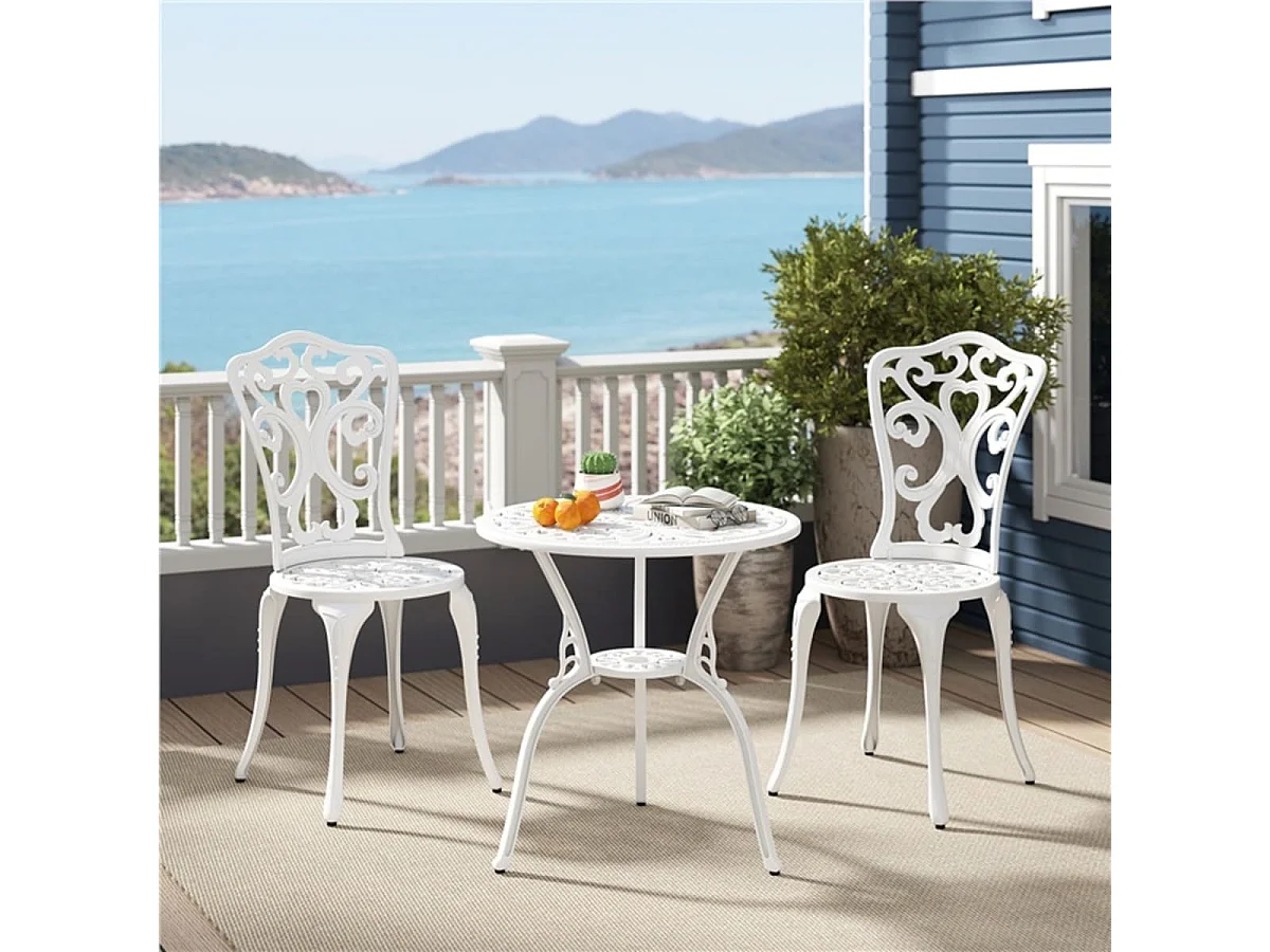 Sedie e tavolo in alluminio fuso resistente a tutti i tempi con foro per ombrello, Sedie e tavolo da patio a 3 pezzi Bianco