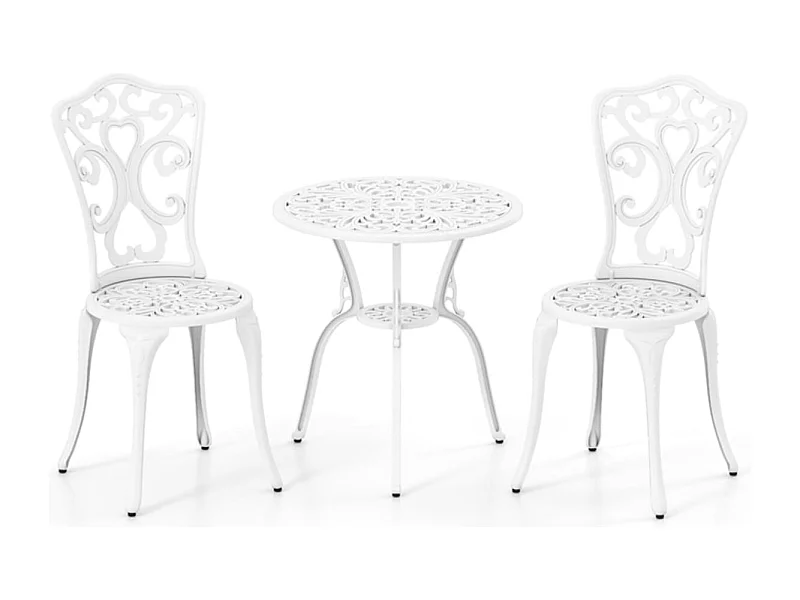 Sedie e tavolo in alluminio fuso resistente a tutti i tempi con foro per ombrello, Sedie e tavolo da patio a 3 pezzi Bianco