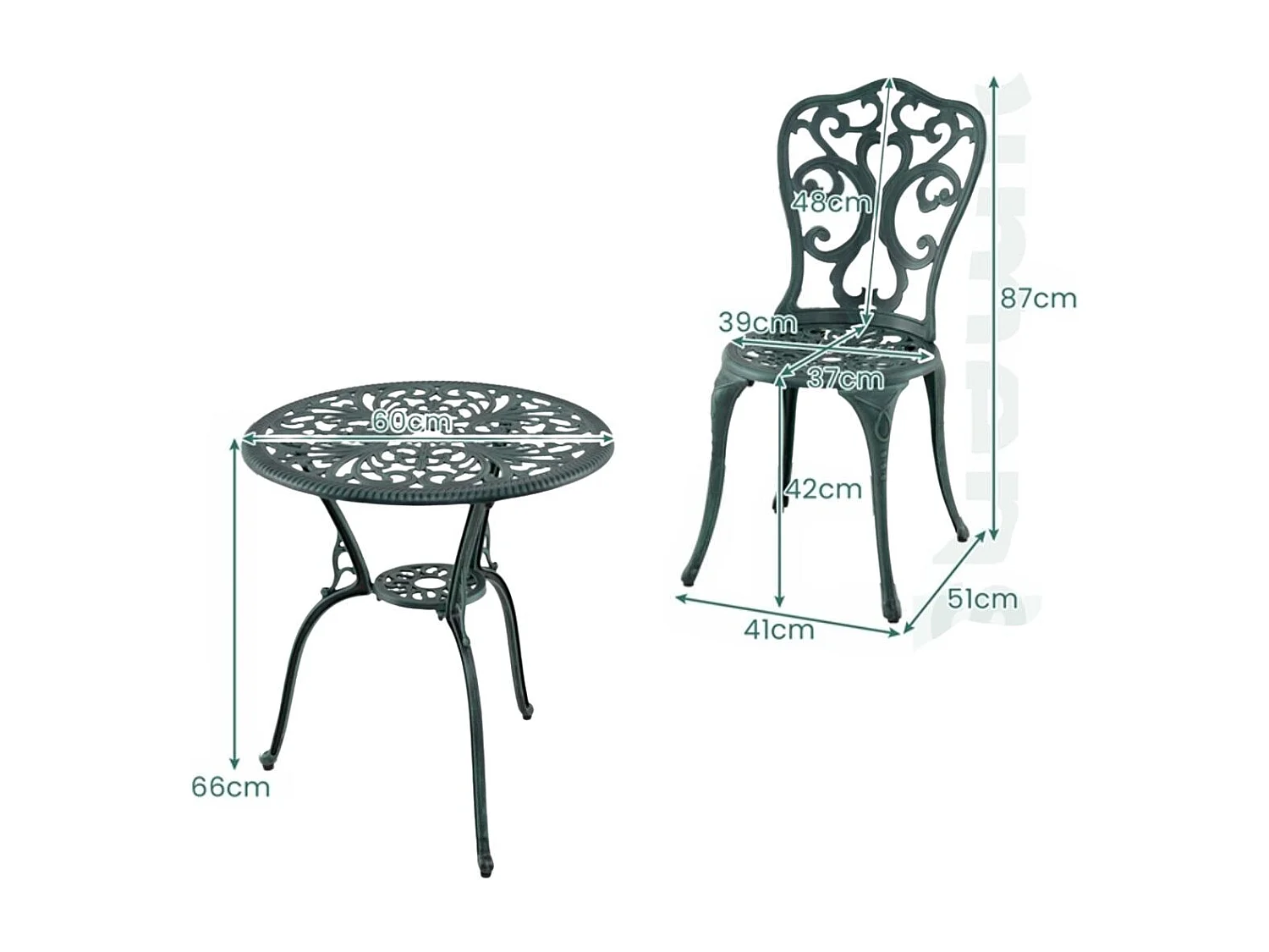 Sedie e tavolo in alluminio fuso resistente a tutti i tempi con foro per ombrello, Sedie e tavolo da patio a 3 pezzi Verde