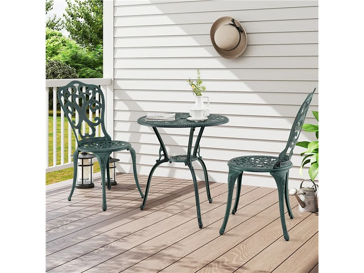 Sedie e tavolo in alluminio fuso resistente a tutti i tempi con foro per ombrello, Sedie e tavolo da patio a 3 pezzi Verde