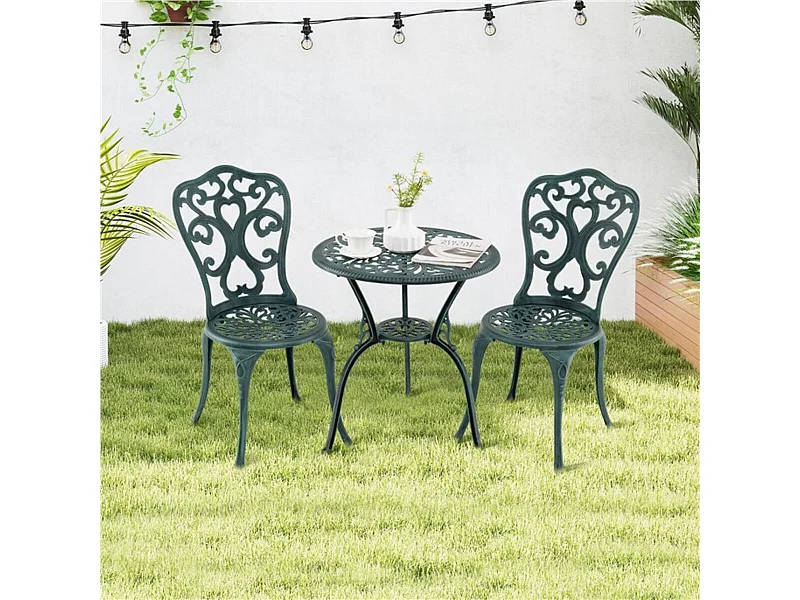 Sedie e tavolo in alluminio fuso resistente a tutti i tempi con foro per ombrello, Sedie e tavolo da patio a 3 pezzi Verde