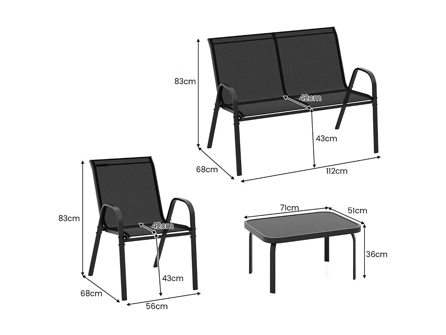 Set da 4 pezzi di mobili per esterni con tavolino in vetro temperato, Set da conversazione all'aperto Grigio
