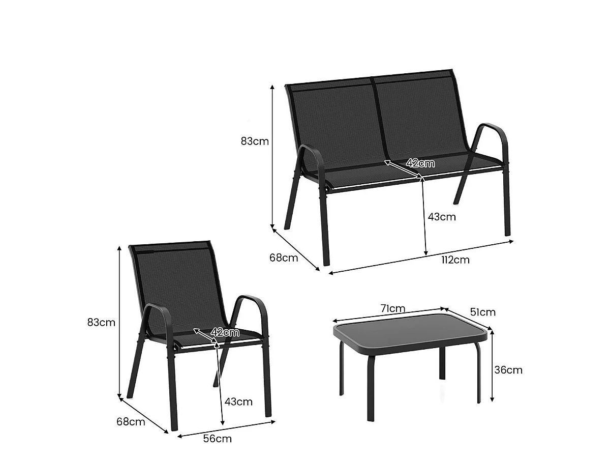 Set da 4 pezzi di mobili per esterni con tavolino in vetro temperato, Set da conversazione all'aperto Grigio