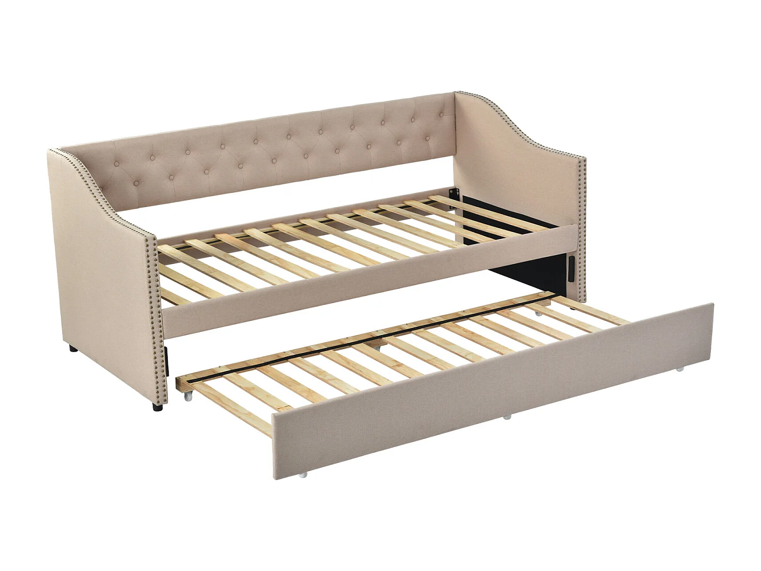 Canapé-Lit à Tiroir - Lit Capitonné - 90x200 cm - Tissu de Lin Durable - Beige