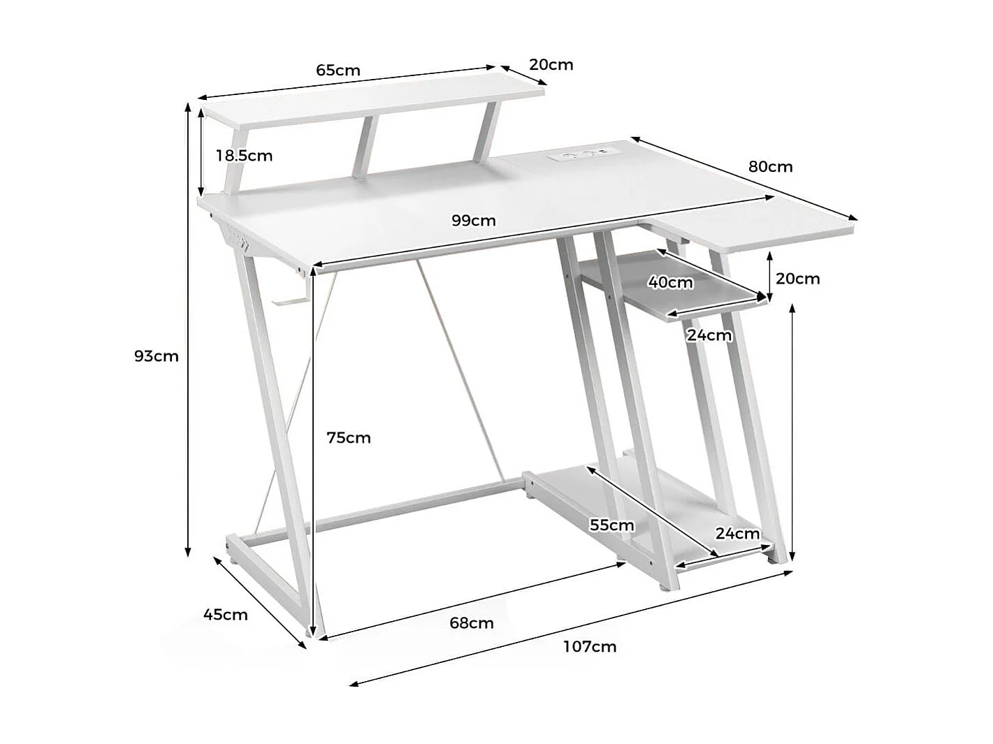 Scrivania da gioco con prese e porte USB, Scrivania per computer piccola con ripiano per monitor gancio per cuffie Bianco
