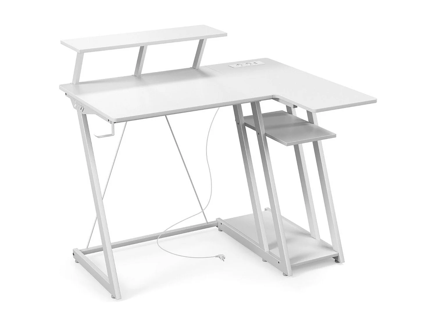 Scrivania da gioco con prese e porte USB, Scrivania per computer piccola con ripiano per monitor gancio per cuffie Bianco