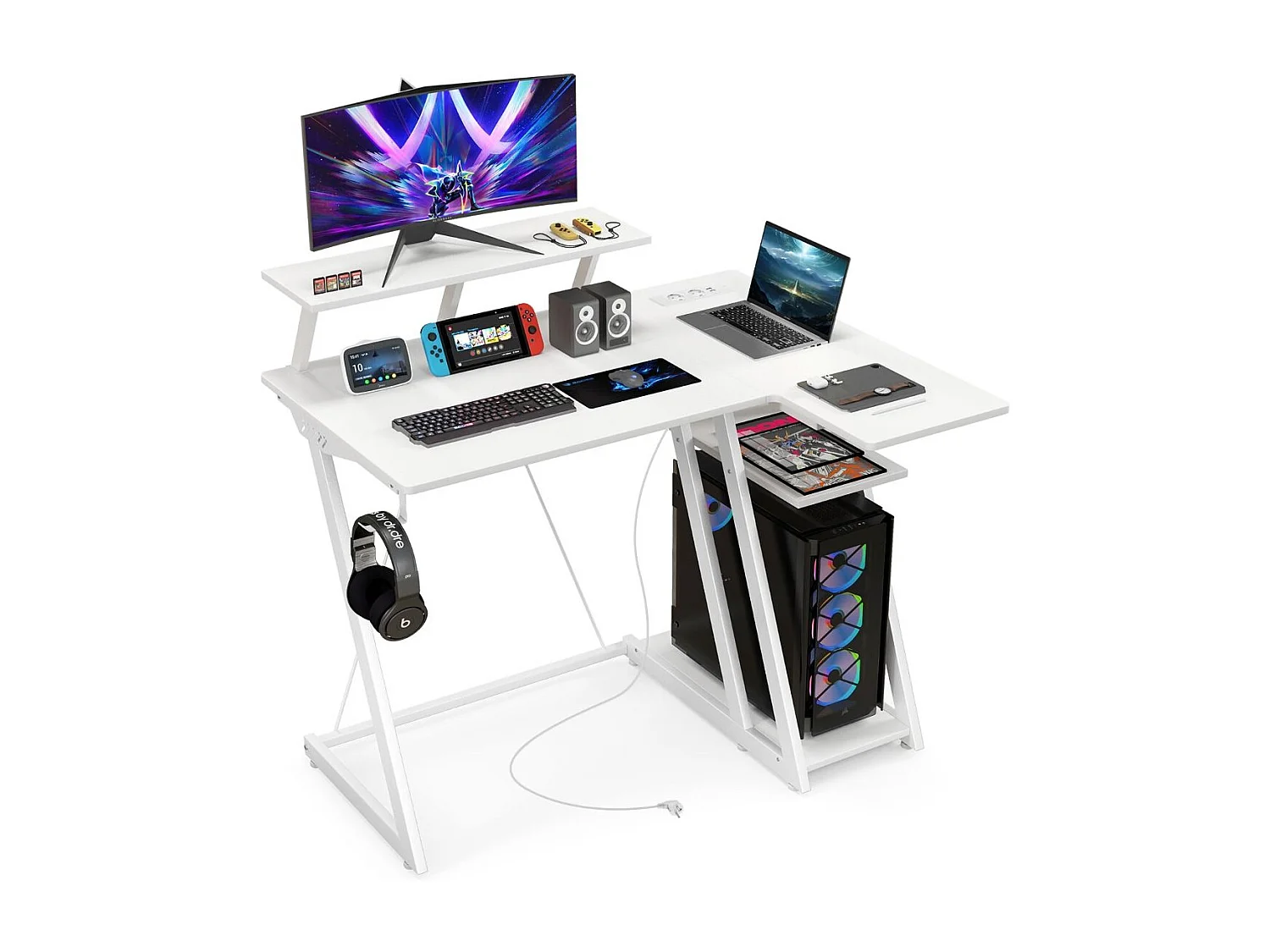 Scrivania da gioco con prese e porte USB, Scrivania per computer piccola con ripiano per monitor gancio per cuffie Bianco