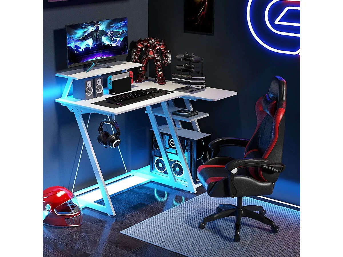 Scrivania da gioco con prese e porte USB, Scrivania per computer piccola con ripiano per monitor gancio per cuffie Bianco
