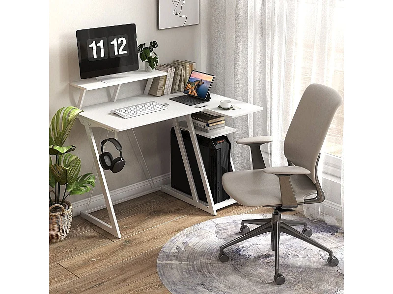 Scrivania da gioco con prese e porte USB, Scrivania per computer piccola con ripiano per monitor gancio per cuffie Bianco