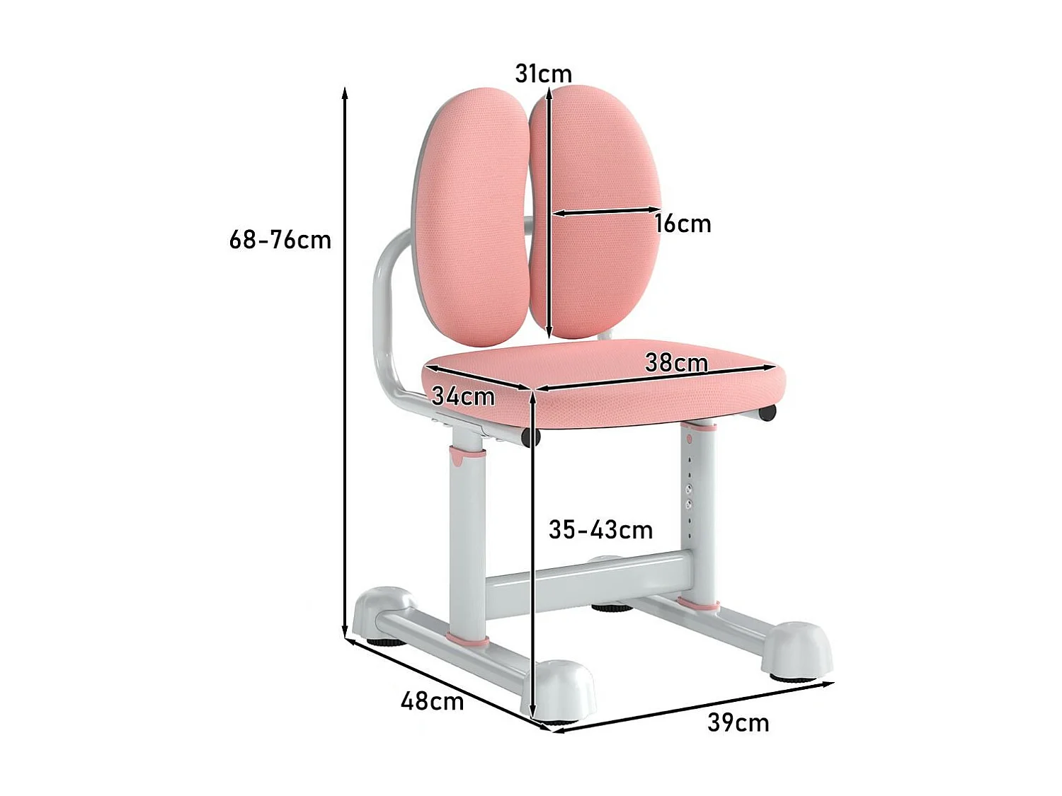 Sedia per studiare con doppio supporto lombare e altezza regolabile, Sedia da compiti imbottita per casa e scuola Rosa