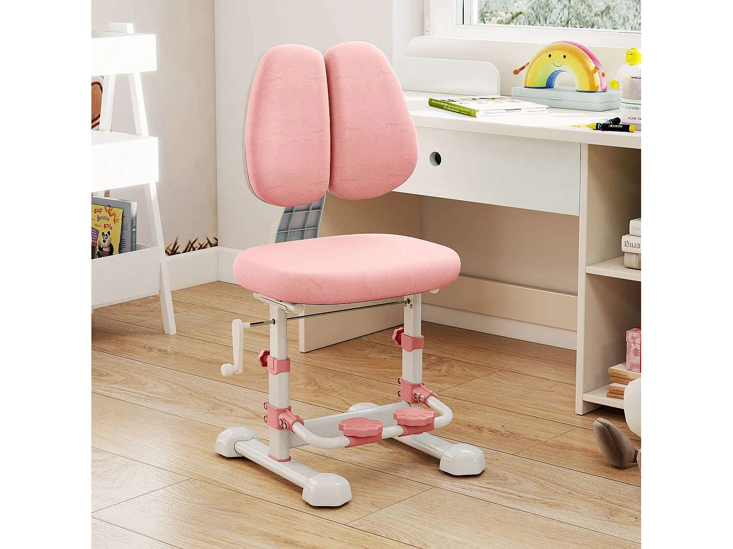 Sedia da studio per bambini con schienale doppio regolabile e poggiapiedi, Sedia da ufficio senza braccioli Rosa