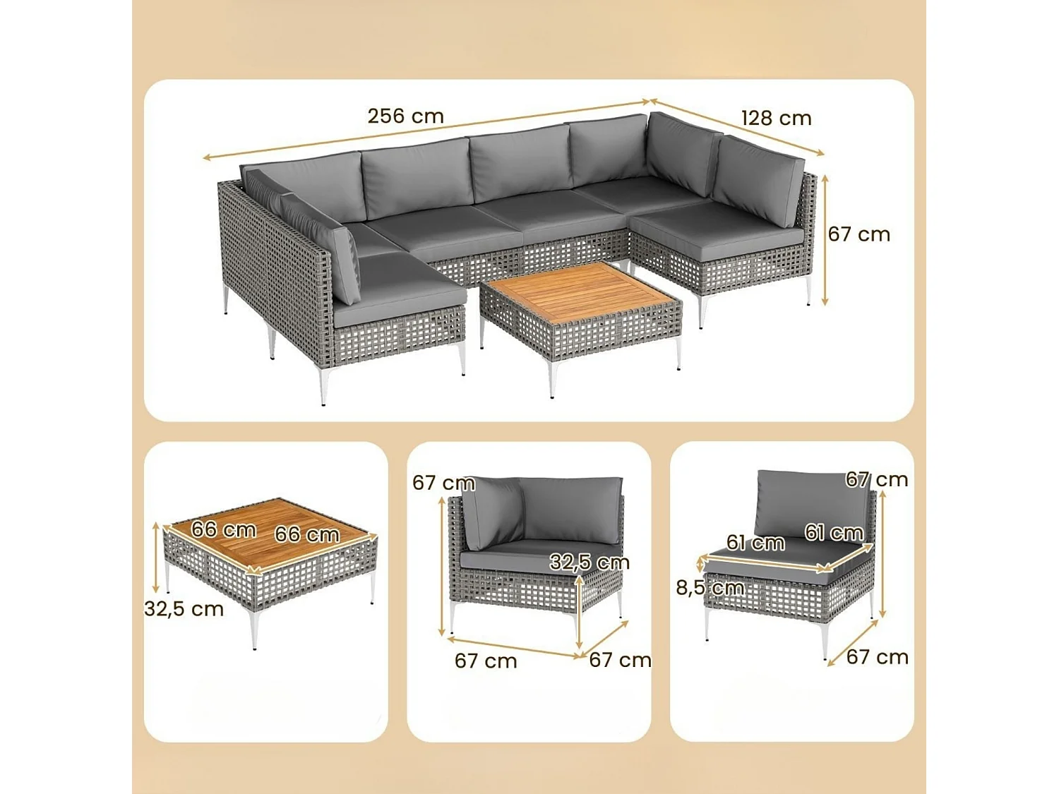 Lounge meubles Outdoor rotin salon de jardin avec table et coussins librement combinables Set de meubles de jardin