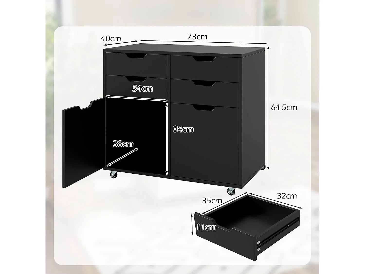 Rollcontainer mit 4 Schubladen & 2 Türen Aktenschrank mit Rollen Druckerständer Schwarz
