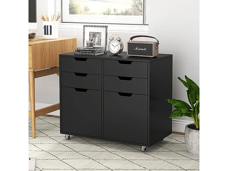 Rollcontainer mit 4 Schubladen & 2 Türen Aktenschrank mit Rollen Druckerständer Schwarz