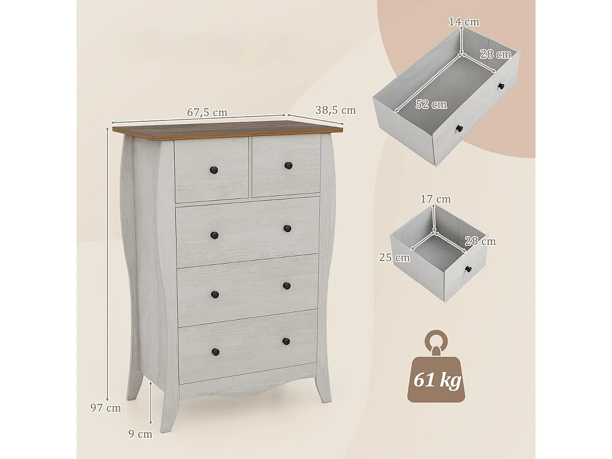 Kommode mit 5 Klappbaren Stoffschubladen Sideboard im Landhausstil Schubladenschrank Grau