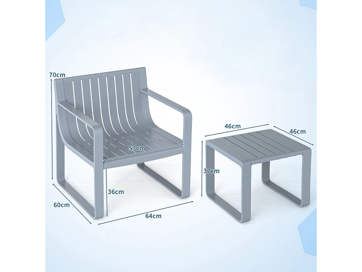 Set di mobili da patio a 2 pezzi da caffè quadrato, Sedia in pp resistente alle intemperie con tavolino Grigio