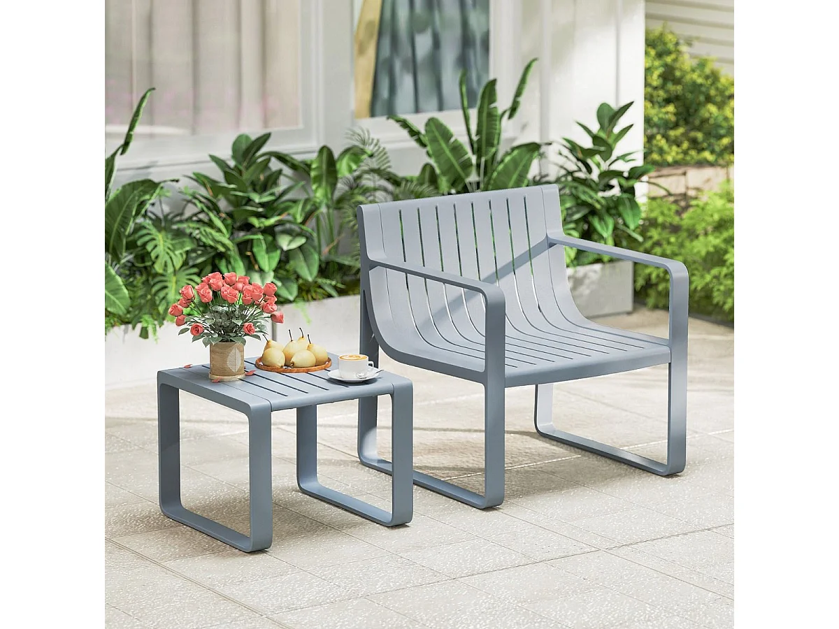 Set di mobili da patio a 2 pezzi da caffè quadrato, Sedia in pp resistente alle intemperie con tavolino Grigio