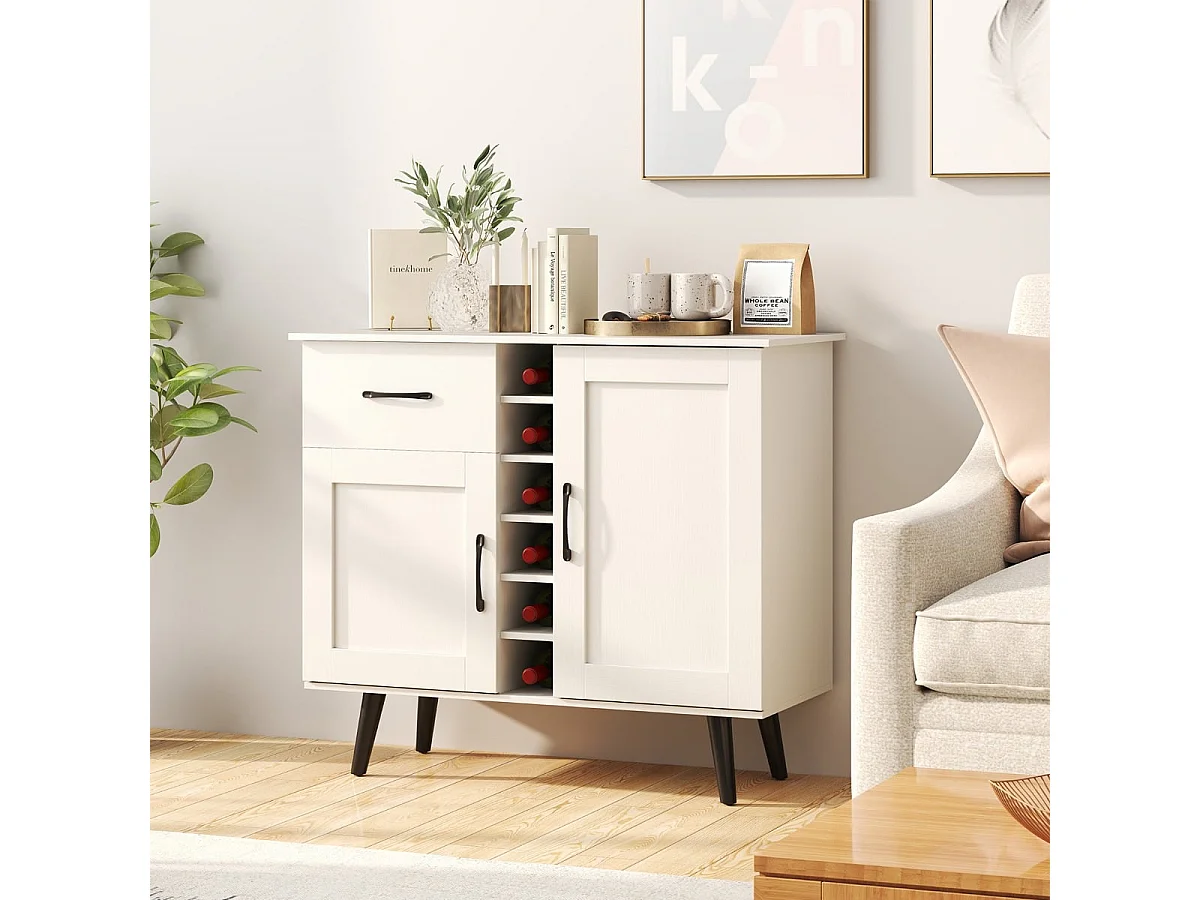 Buffet Moderne avec Casier à Vin pour 6 Bouteilles 1 Tiroir 2 Portes et 2 Etagères Réglables Meuble de Rangement d'Appoint Blanc