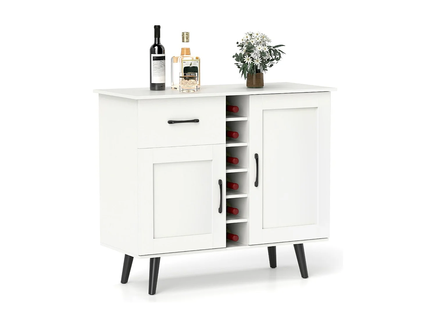 Buffet Moderne avec Casier à Vin pour 6 Bouteilles 1 Tiroir 2 Portes et 2 Etagères Réglables Meuble de Rangement d'Appoint Blanc