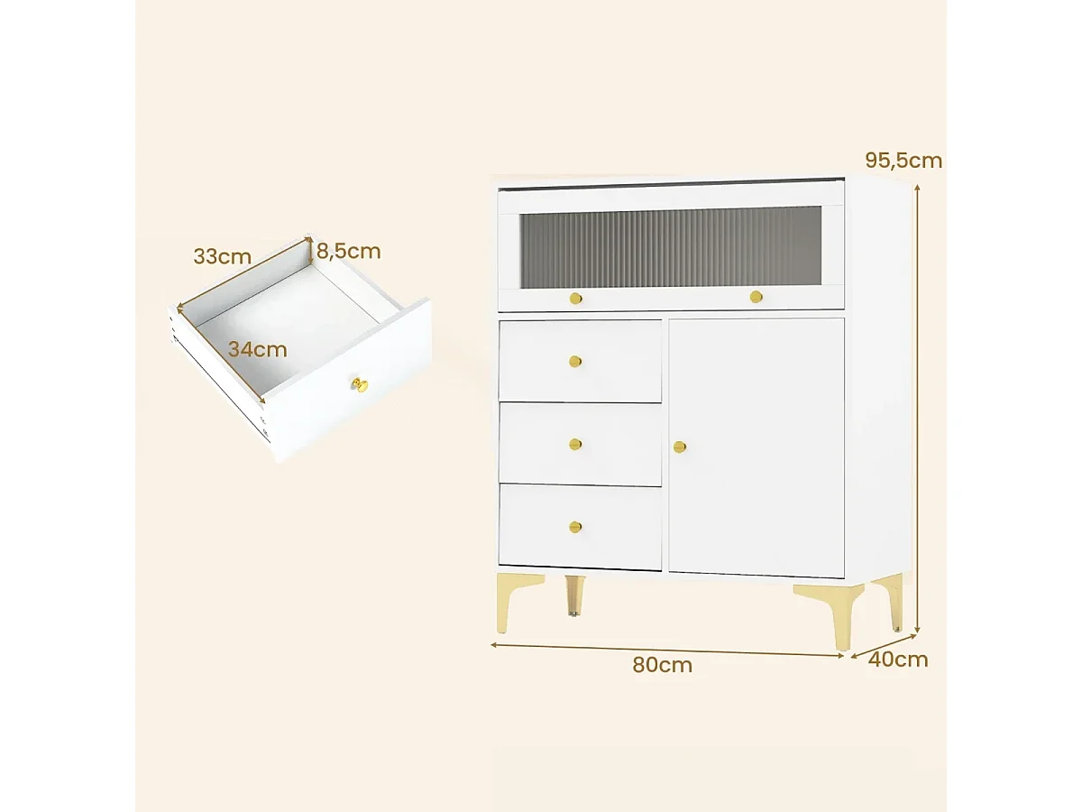 Comò per camera da letto con design antiribaltamento, Mobile moderno con porta in vetro a ribalta e cassetti estraibili Bianco