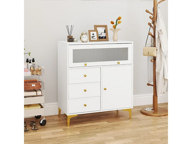Commode à Coucher Armoire de Rangement avec Porte en Verre Strié Basculante et Tiroirs Coulissants Pieds en Métal Blanc