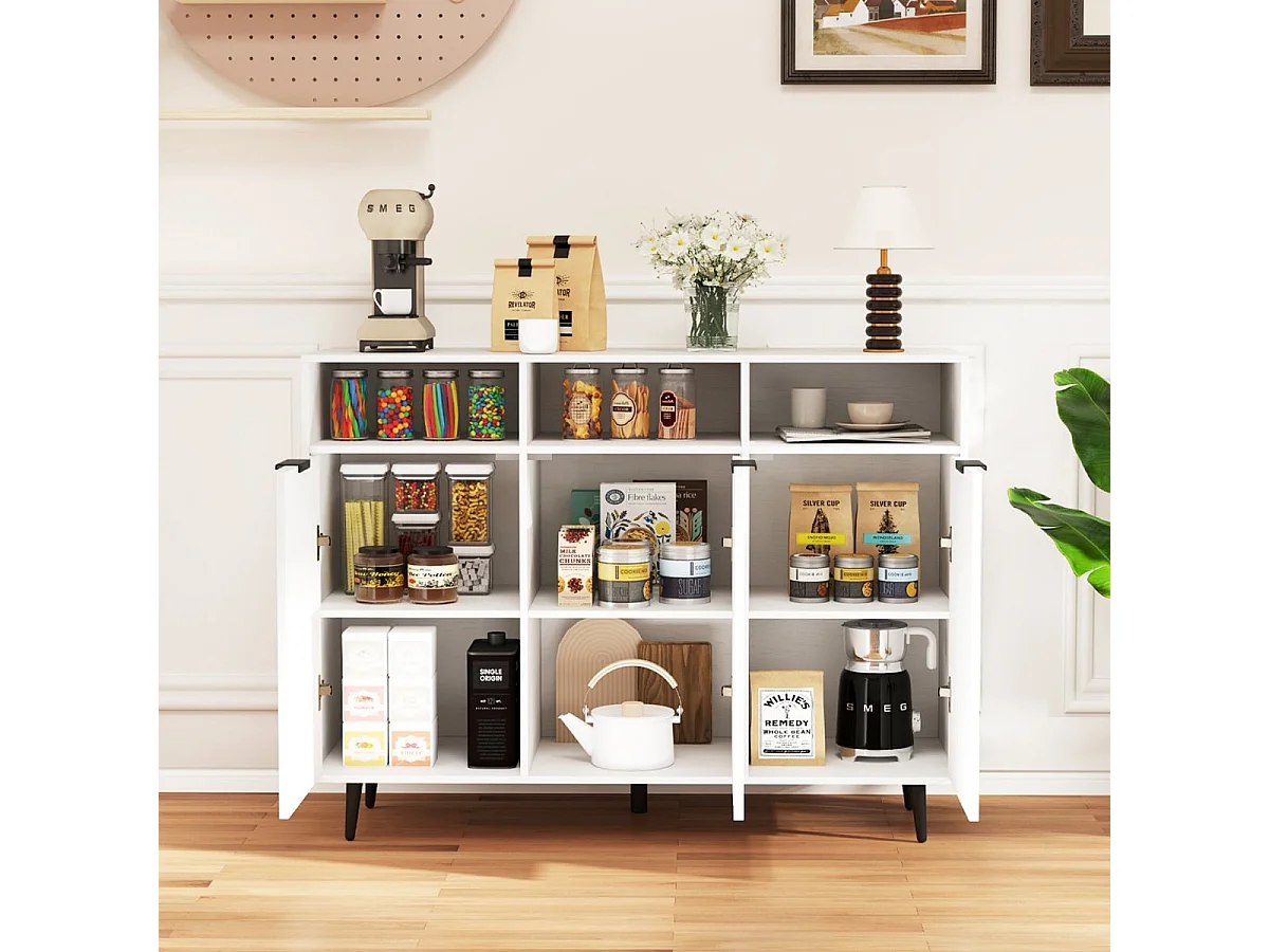 Buffet Meuble de Rangement avec Etagères Réglables à 5 Positions Meuble de Bar à Café avec 3 Compartiments Ouverts et Portes Blanc