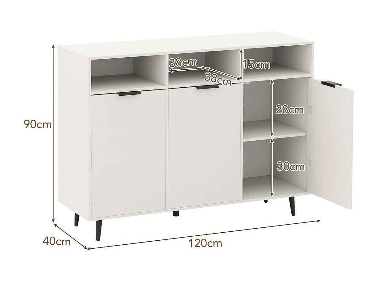 Buffet Meuble de Rangement avec Etagères Réglables à 5 Positions Meuble de Bar à Café avec 3 Compartiments Ouverts et Portes Blanc