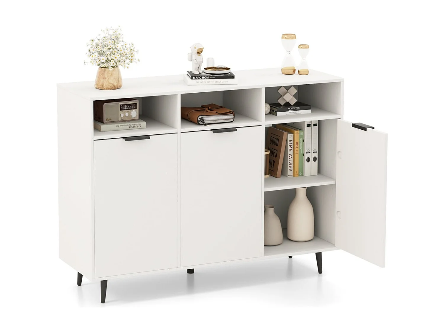Buffet Meuble de Rangement avec Etagères Réglables à 5 Positions Meuble de Bar à Café avec 3 Compartiments Ouverts et Portes Blanc