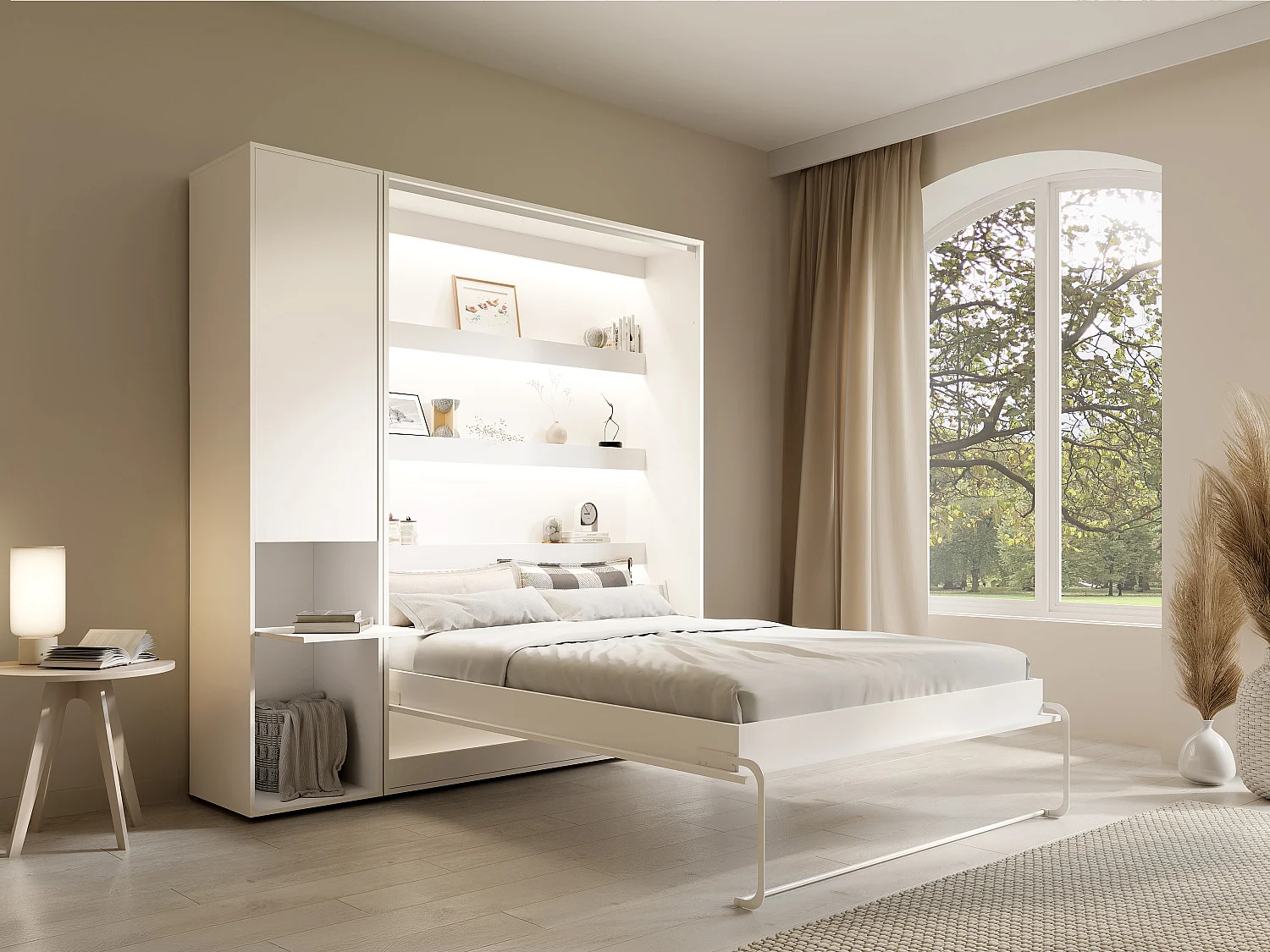 Lit escamotable vertical 140 x 200 cm - 1 colonne de rangement - Avec LEDs - Blanc + Matelas - RAPILI