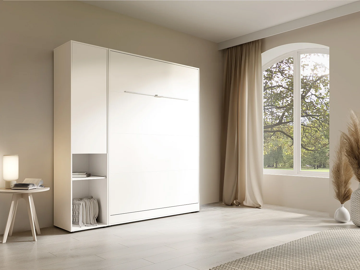 Lit escamotable vertical 140 x 200 cm - 1 colonne de rangement - Avec LEDs - Blanc + Matelas - RAPILI