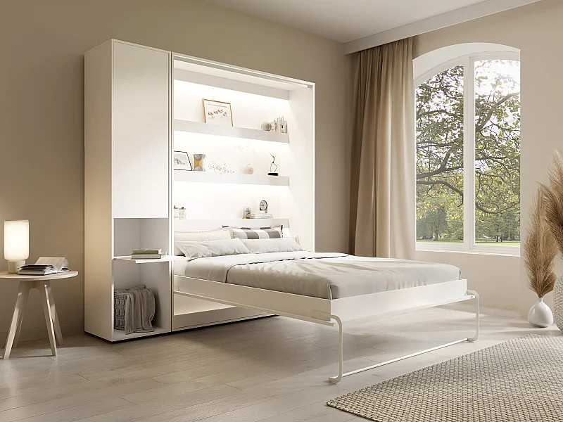 Lit escamotable vertical 140 x 200 cm - 1 colonne de rangement - Avec LEDs - Blanc + Matelas - RAPILI