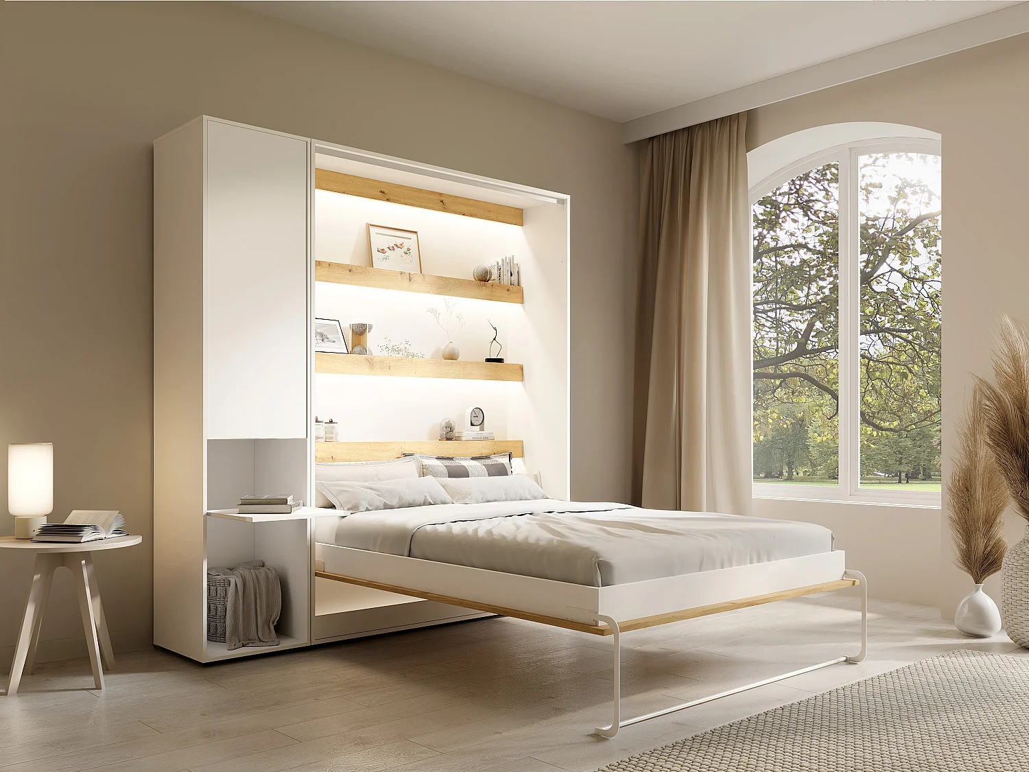 Lit escamotable vertical 140 x 200 cm - 1 colonne de rangement - Avec LEDs - Blanc et naturel + Matelas - RAPILI