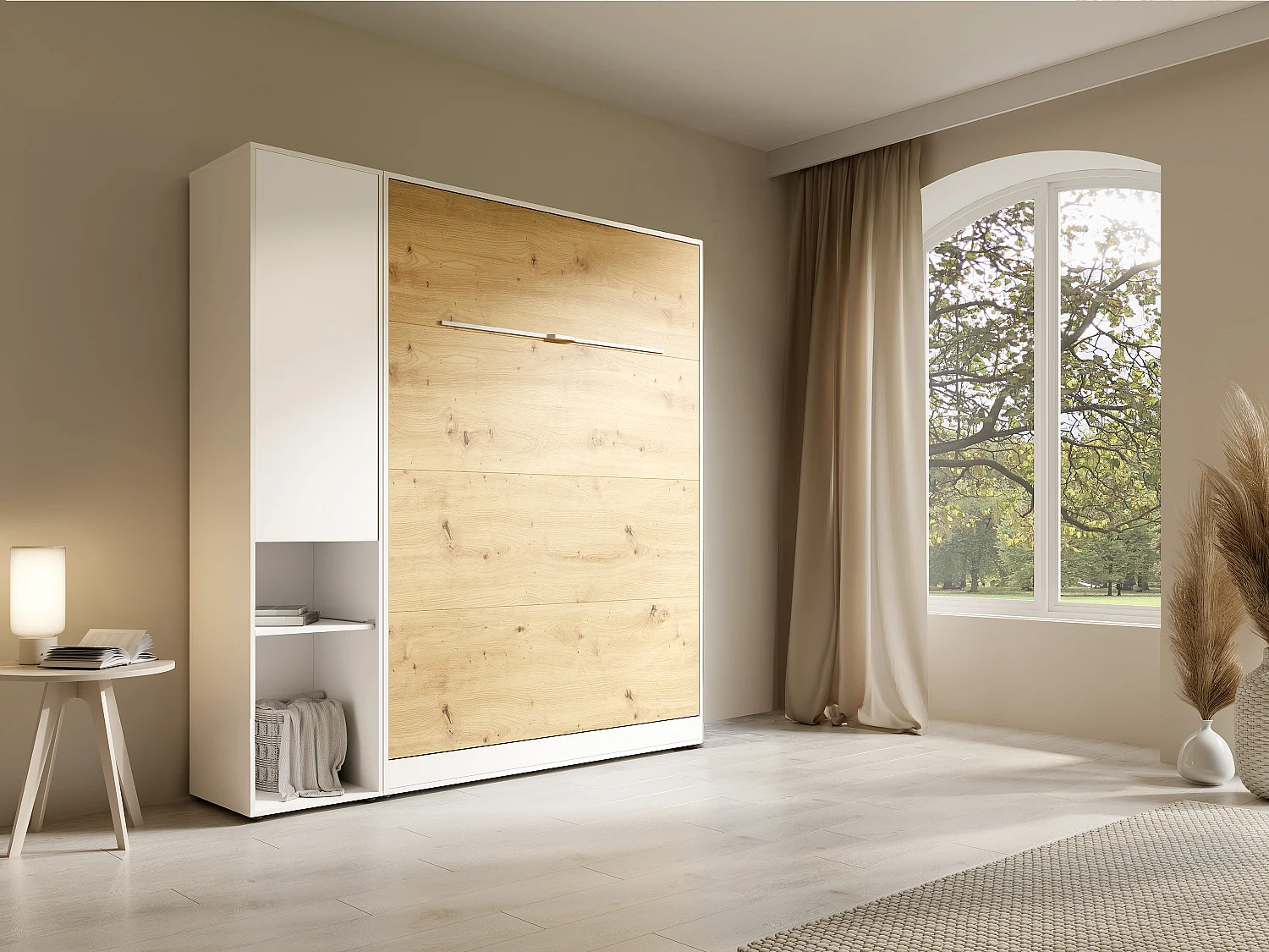 Lit escamotable vertical 140 x 200 cm - 1 colonne de rangement - Avec LEDs - Blanc et naturel + Matelas - RAPILI