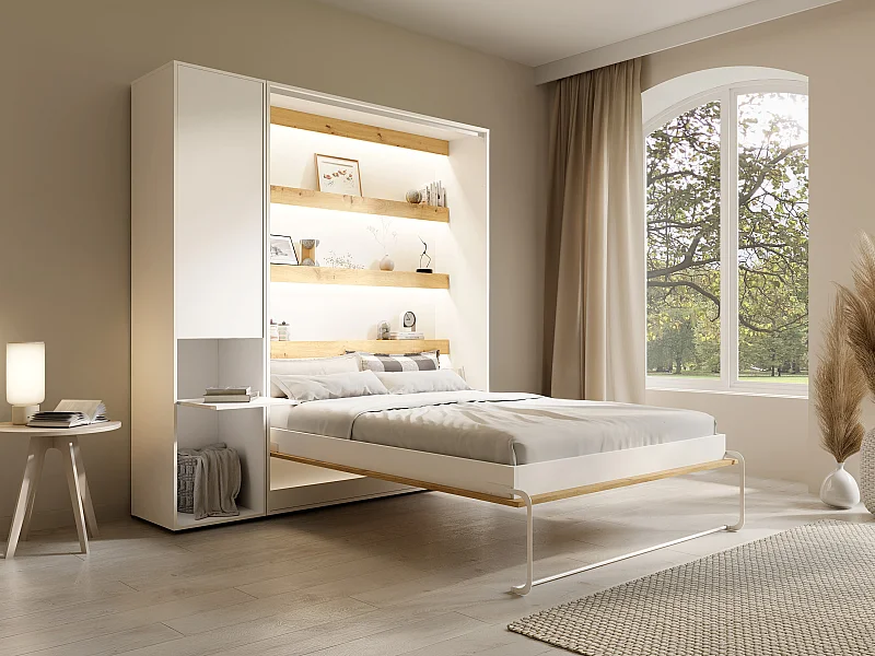 Lit escamotable vertical 140 x 200 cm - 1 colonne de rangement - Avec LEDs - Blanc et naturel + Matelas - RAPILI