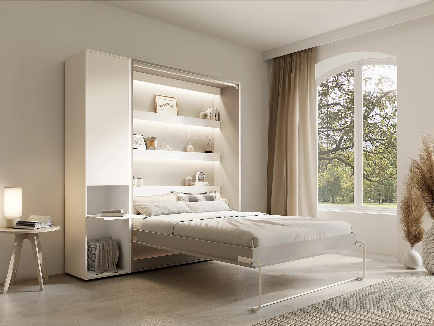 Lit escamotable vertical 140 x 200 cm - 1 colonne de rangement - Avec LEDs - Beige + Matelas - RAPILI