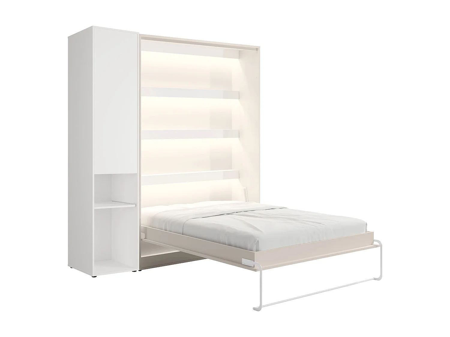Lit escamotable vertical 140 x 200 cm - 1 colonne de rangement - Avec LEDs - Beige + Matelas - RAPILI