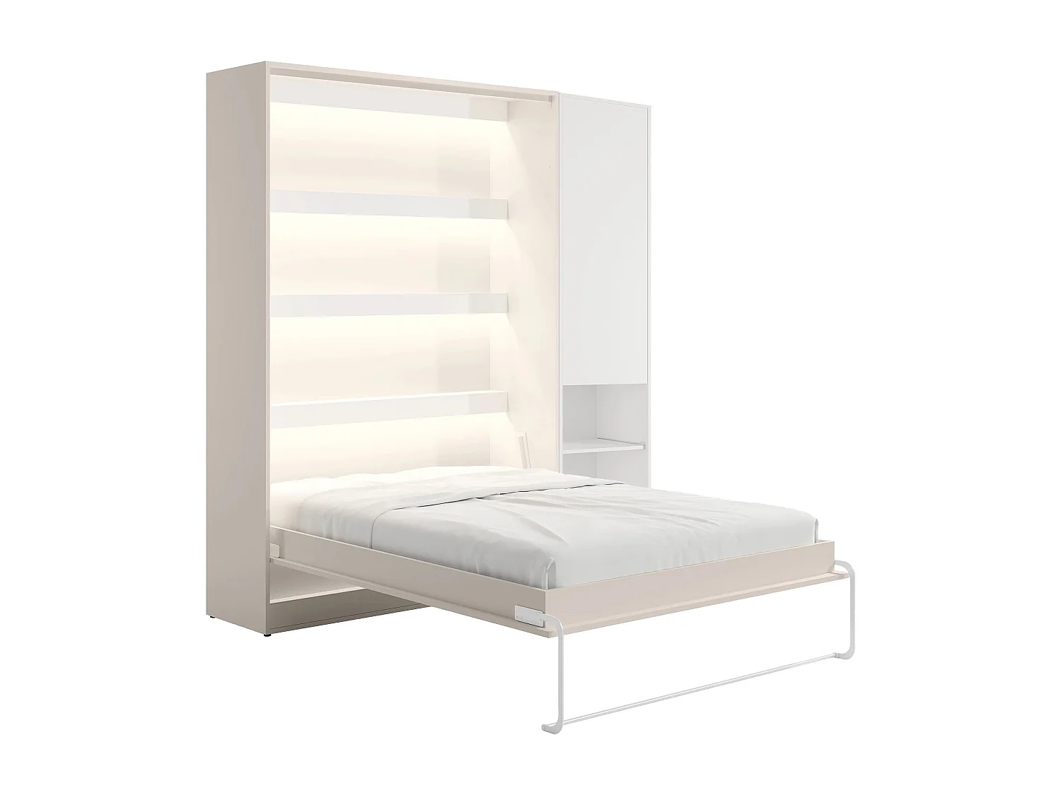 Lit escamotable vertical 140 x 200 cm - 1 colonne de rangement - Avec LEDs - Beige + Matelas - RAPILI