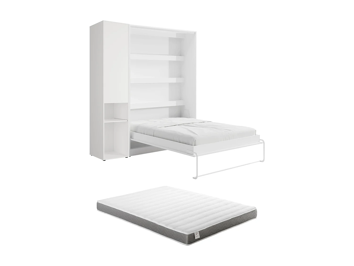 Lit escamotable vertical 160 x 200 cm - 1 colonne de rangement - Avec LEDs - Blanc + Matelas - RAPILI