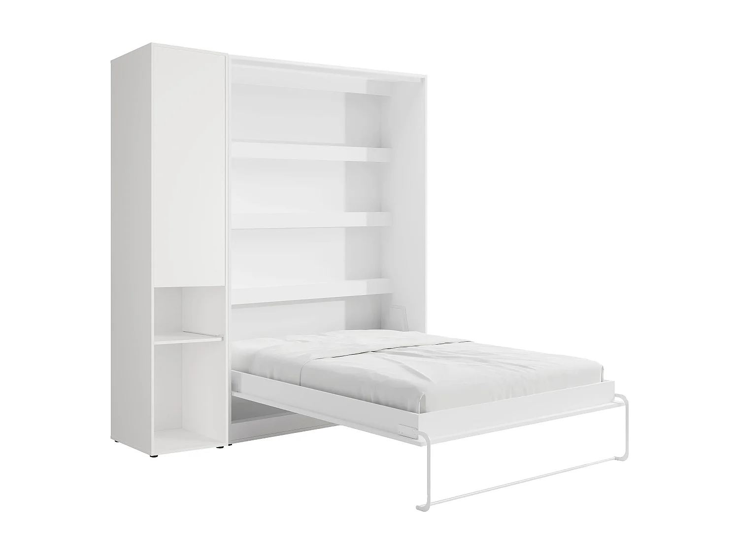 Lit escamotable vertical 160 x 200 cm - 1 colonne de rangement - Avec LEDs - Blanc + Matelas - RAPILI