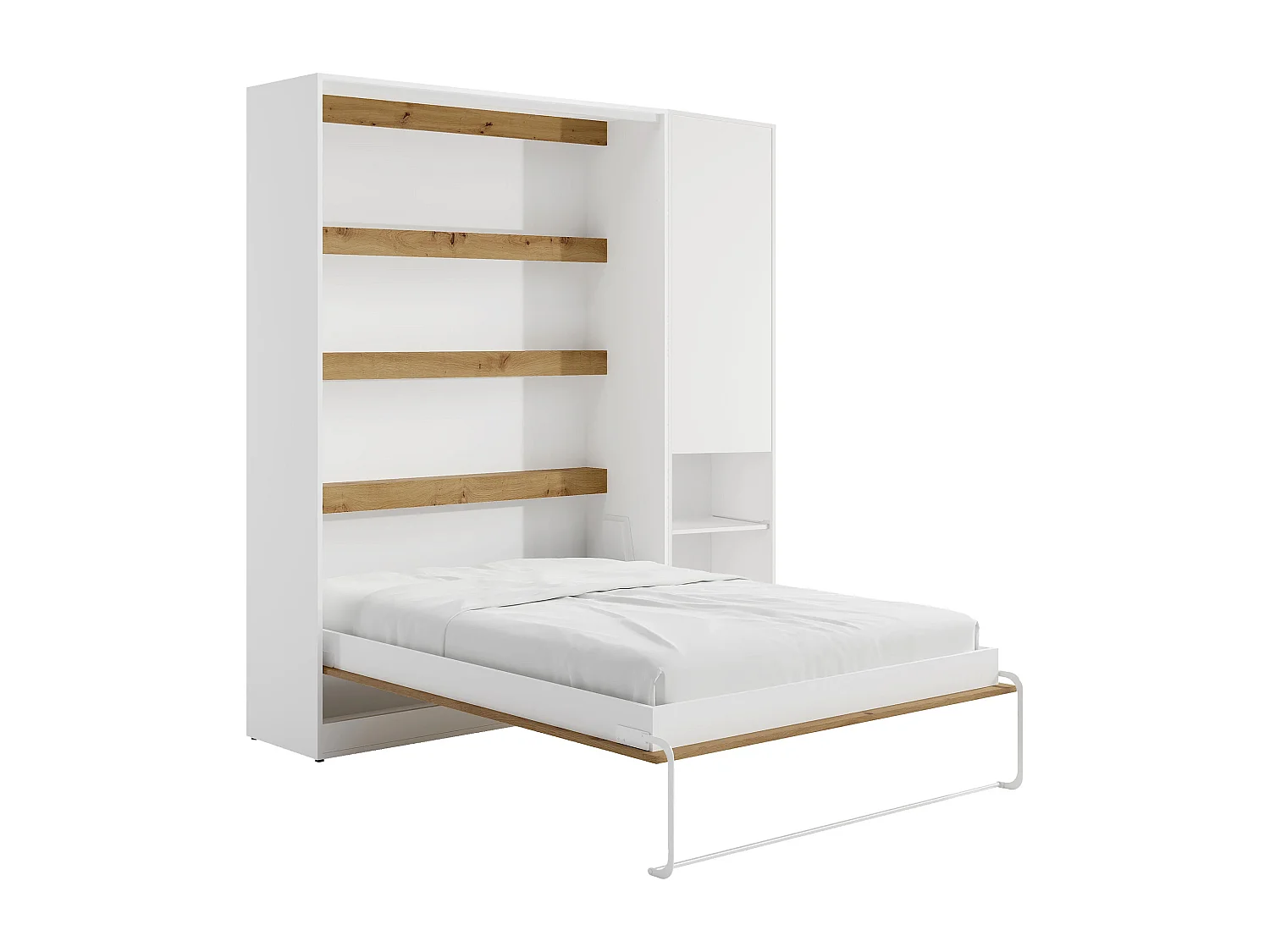 Lit escamotable vertical 160 x 200 cm - 1 colonne de rangement - Avec LEDs - Blanc et naturel + Matelas - RAPILI