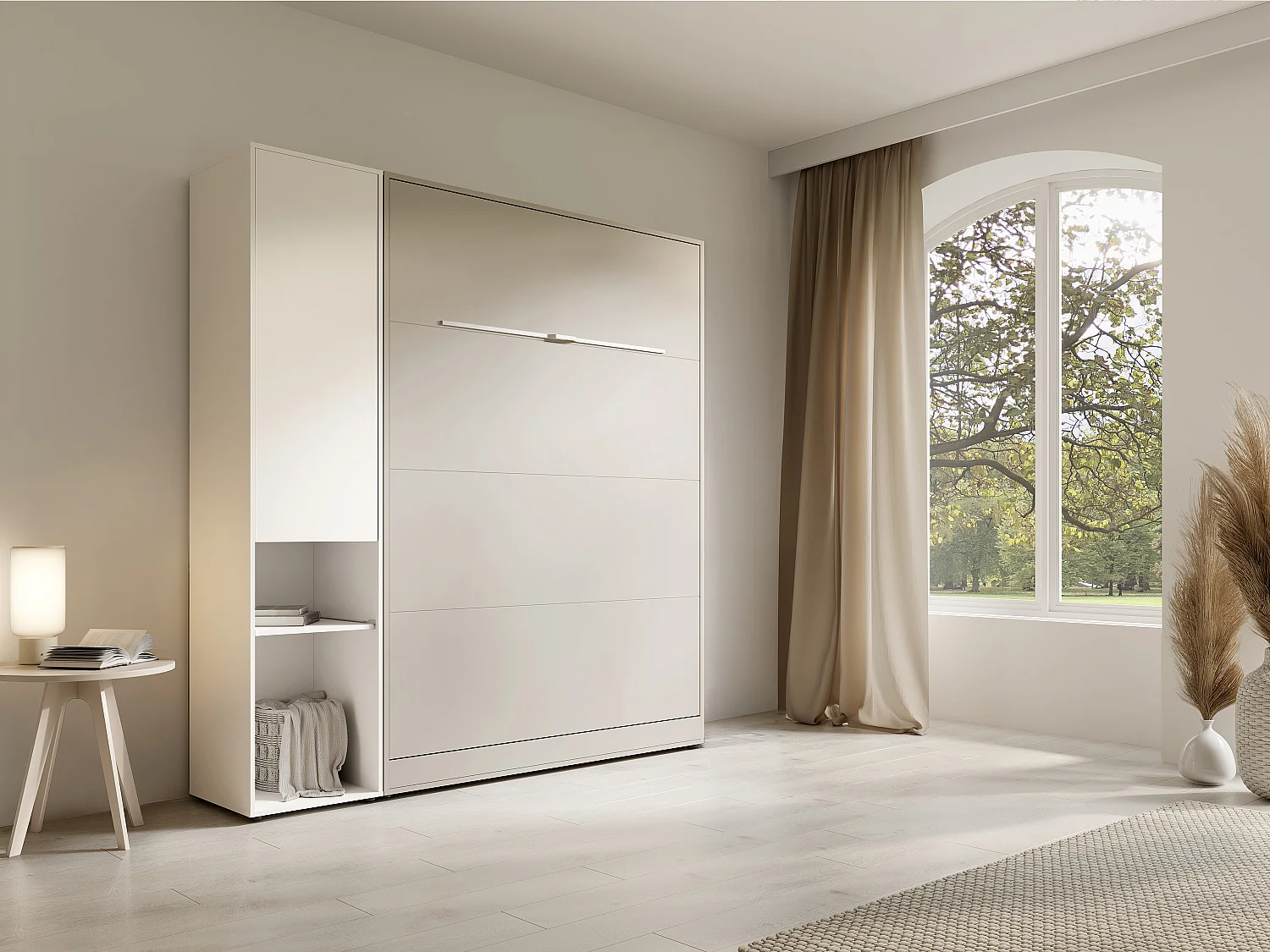 Lit escamotable vertical 160 x 200 cm - 1 colonne de rangement - Avec LEDs - Beige + Matelas - RAPILI