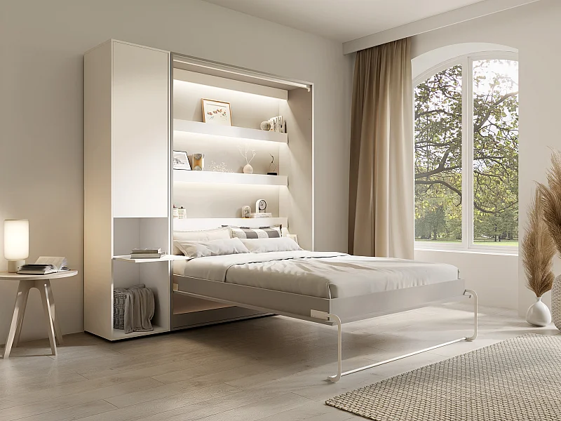 Lit escamotable vertical 160 x 200 cm - 1 colonne de rangement - Avec LEDs - Beige + Matelas - RAPILI