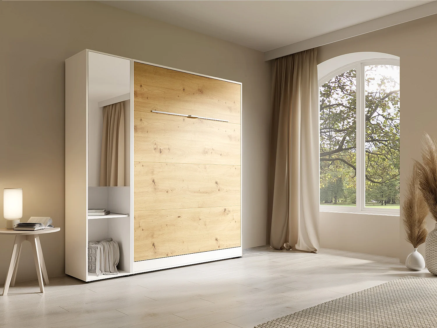 Lit escamotable vertical 140 x 200 cm - 1 colonne de rangement - Avec miroir et LEDs - Blanc et naturel - RAPILI