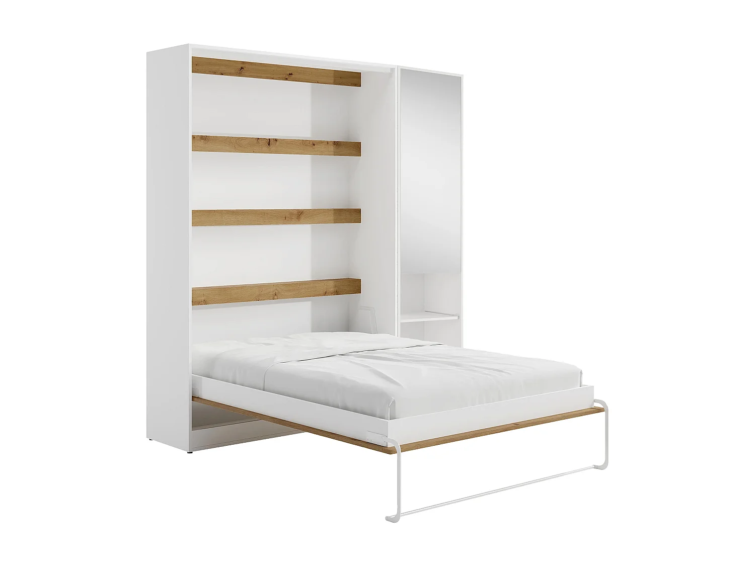 Lit escamotable vertical 140 x 200 cm - 1 colonne de rangement - Avec miroir et LEDs - Blanc et naturel - RAPILI