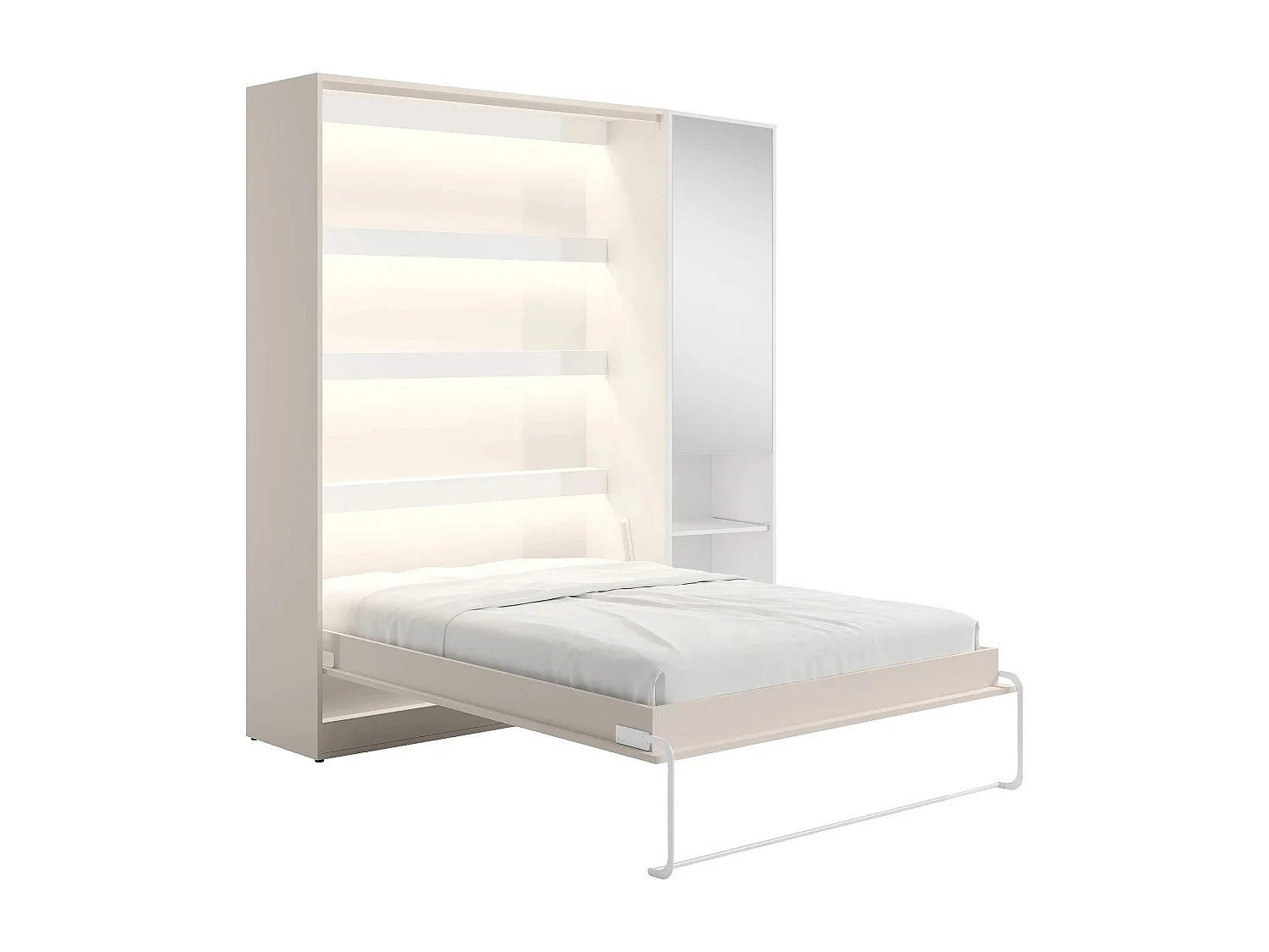 Lit escamotable vertical 140 x 200 cm - 1 colonne de rangement - Avec miroir et LEDs - Beige - RAPILI