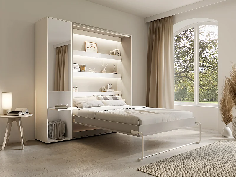 Lit escamotable vertical 140 x 200 cm - 1 colonne de rangement - Avec miroir et LEDs - Beige - RAPILI