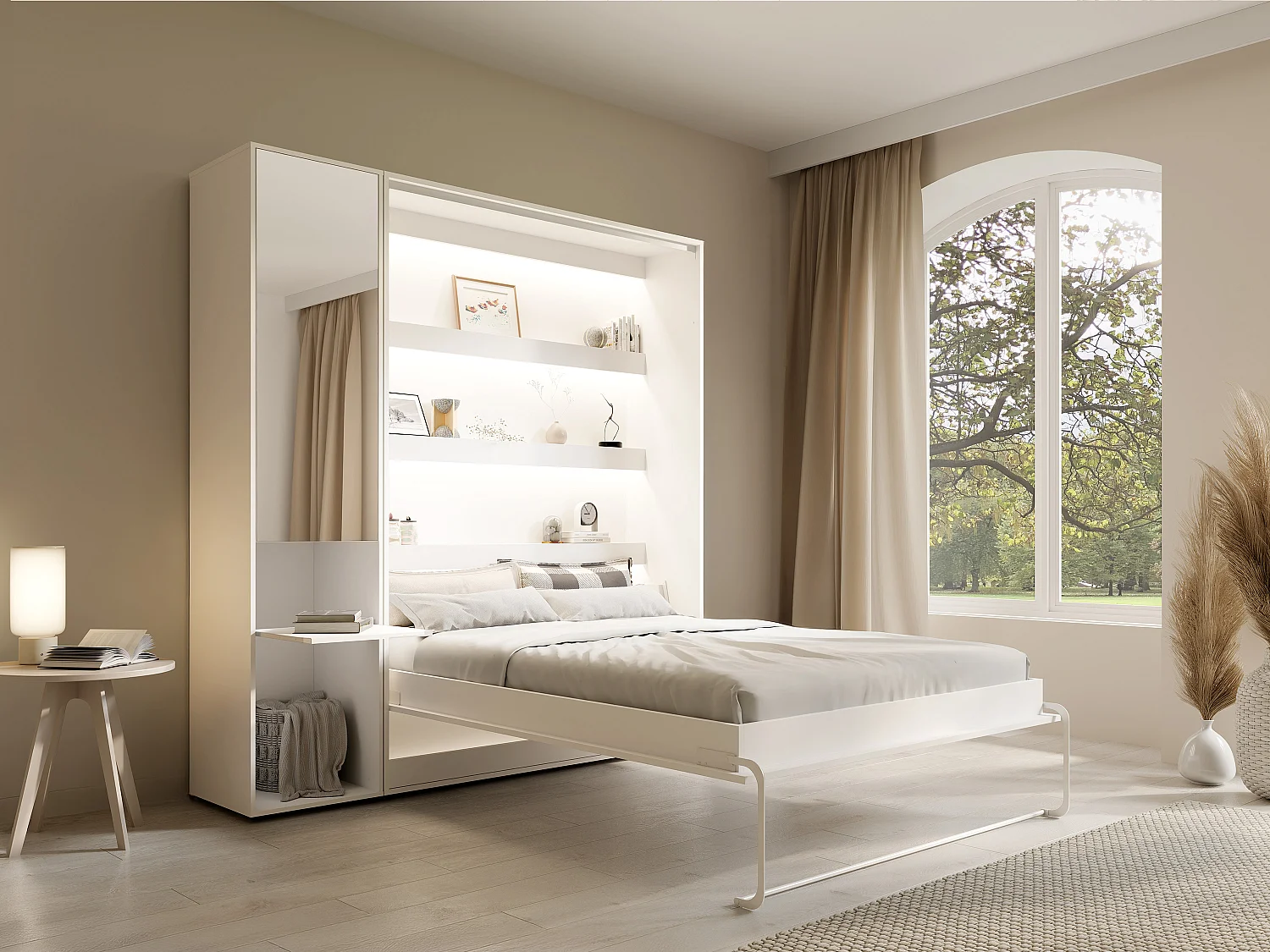 Lit escamotable vertical 140 x 200 cm - 1 colonne de rangement - Avec miroir et LEDs - Blanc + Matelas - RAPILI