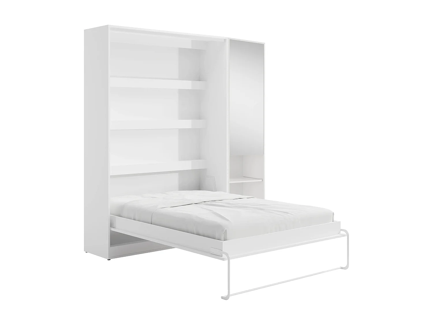 Lit escamotable vertical 140 x 200 cm - 1 colonne de rangement - Avec miroir et LEDs - Blanc + Matelas - RAPILI