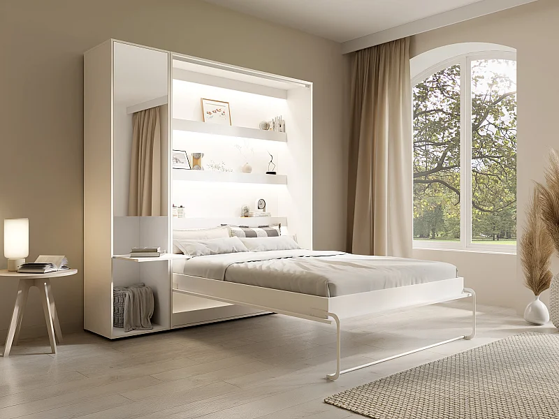 Lit escamotable vertical 140 x 200 cm - 1 colonne de rangement - Avec miroir et LEDs - Blanc + Matelas - RAPILI