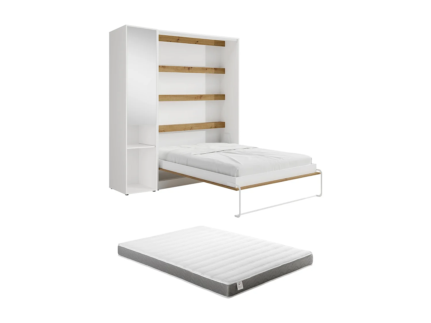 Lit escamotable vertical 140 x 200 cm - 1 colonne de rangement - Avec miroir et LEDs - Blanc et naturel + Matelas - RAPILI